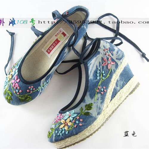 绣花鞋民族风亚麻编织坡B跟高跟绑带鞋单鞋女鞋布鞋