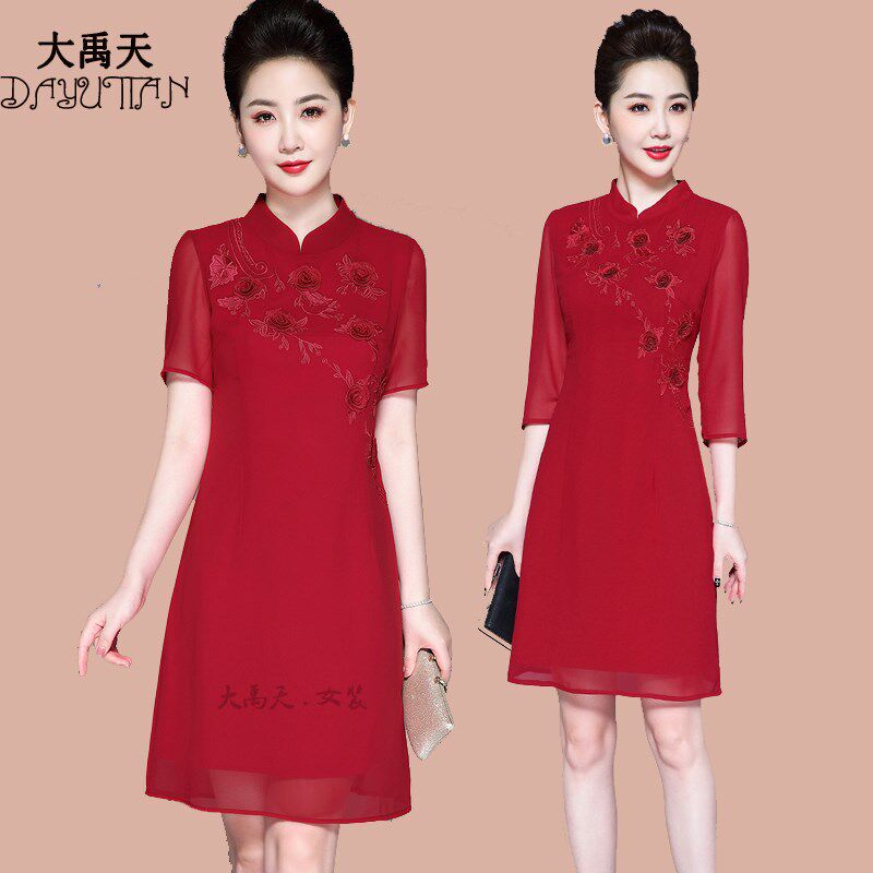 婚礼妈妈中年女连衣裙子岳母丈母娘喜婆婆婚宴礼服改良旗袍春夏装
