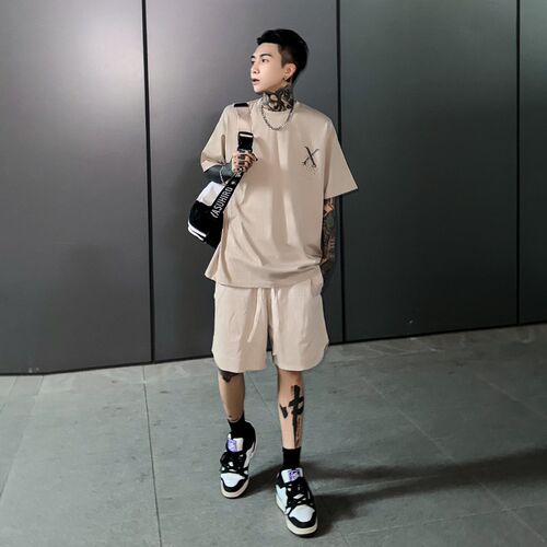 我叫得仔美式重磅380G纯棉短裤男简约纯色健身开叉五分休闲运动裤