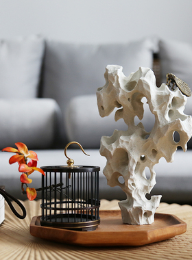 新中式陶瓷太湖石假山托盘鸟笼组合摆件套装客厅书房茶室软装饰品