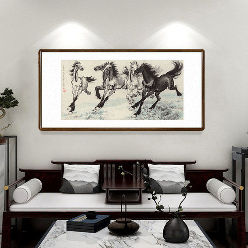 徐悲鸿六b骏图国画新中式客厅背景墙装饰画办公室马到成功横版字
