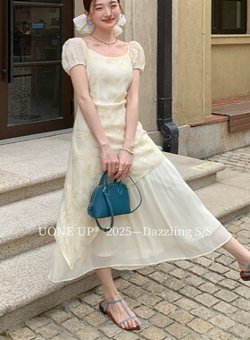 UONE十三行假两件连衣裙长裙女夏季短袖拼接遮肉显瘦气质刺绣裙子