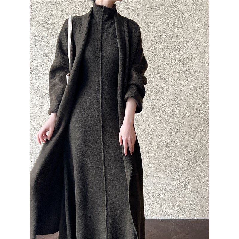 针织开衫无袖高领连衣裙两件套女2024秋冬新款保暖长款毛衣套装,男装,时尚套装,淘宝优惠券,粉丝福利购,淘宝优惠卷