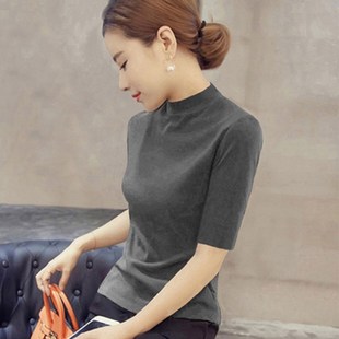 针织衫 修身 薄款 春秋冬季 t恤女上衣内搭打底衫 毛衣五分袖 中袖 新款