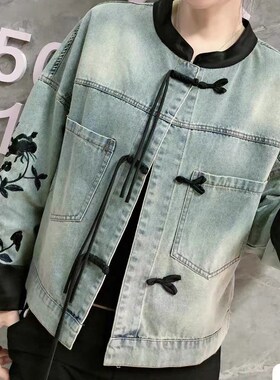 18318改良新中式牛仔外套盘扣流苏植绒刺绣长袖单排扣夹克上衣女