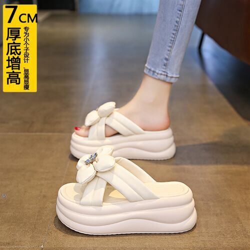 厚底增高7cm小个子拖鞋女小码33 34夏外穿2025新款松糕花朵一字拖