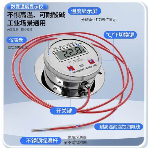 电子数显温度计耐酸碱腐蚀液体四氟传感线酸碱液体高温工业温度表