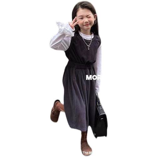 韩国版2023秋新款女童复古洋气背心半身长裙小女孩气质2件套装潮