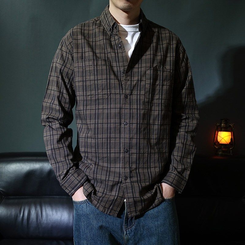 春秋新款纯棉复古格子长袖衬衫男式休闲口袋青年文艺衬衣舒适百搭