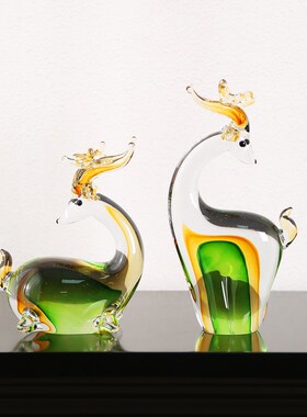 创意琉璃混彩招财麋鹿工艺品摆件客厅酒柜电视柜家居装饰品摆设