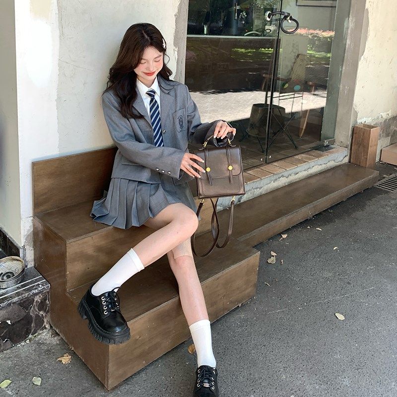 灰色气质jk制服西装裙套装校供学院风西服外套女两件套东京岁时记