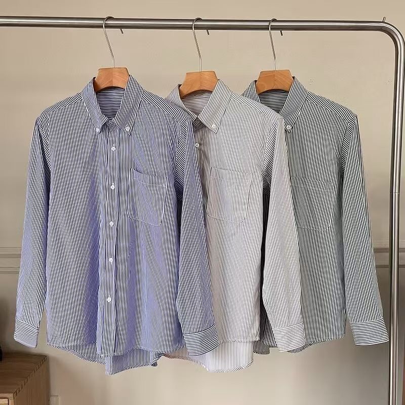 男女装优质长绒棉条纹衬衫长袖衬衣休闲纯棉上衣R477640/470304