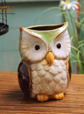复古乡村油画风格陶瓷釉面彩色猫头鹰装饰笔筒花器家居摆件