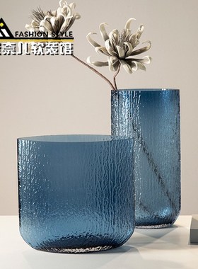 黑色树皮纹玻璃扁瓶端水培插器现代家居客厅样板间软装