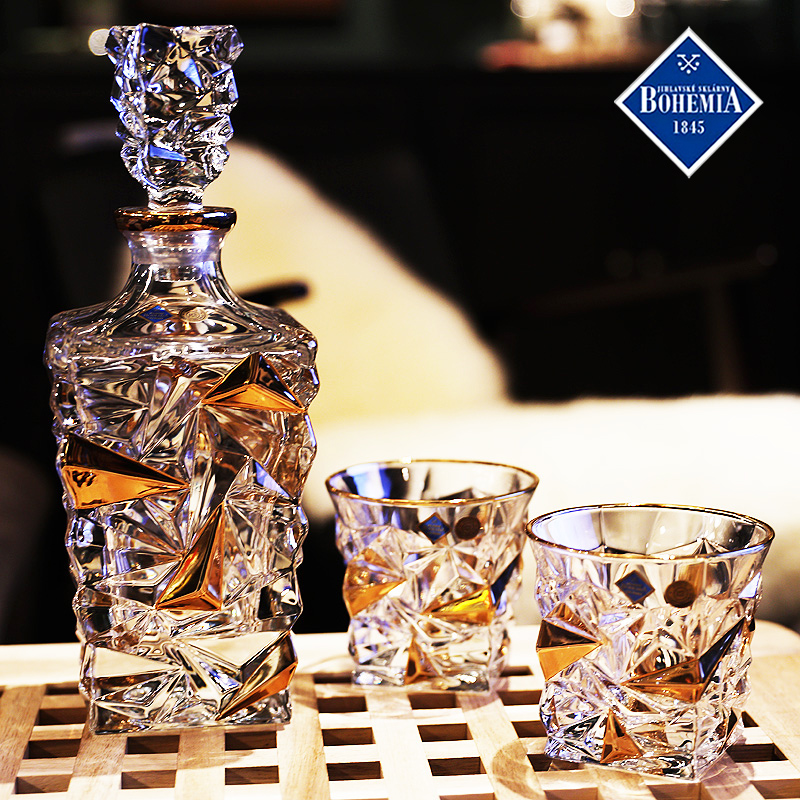 捷克BOHEMI水晶玻璃描金威士忌杯洋酒杯啤酒对杯酒樽具装
