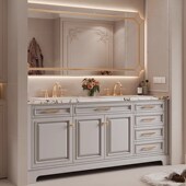 美法式 橡木浴室柜岩板无缝洗漱台洗手池脸盆镜柜