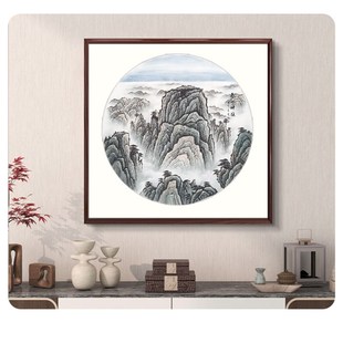 手绘国画山水画玄关圆形挂画泰山神韵无水无太阳实木框