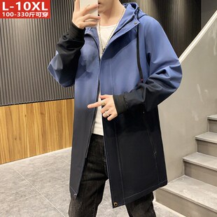 秋冬装潮流男士百搭渐变色连帽风衣胖青年加肥大码宽松中长款外套