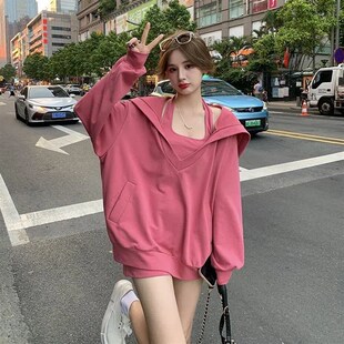 大码宽松V领卫衣挂脖吊带套装女春秋季胖妹妹时尚洋气减龄两件套