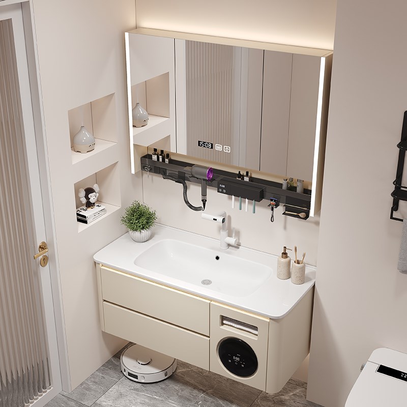 奶油风圆角陶瓷盆洗漱台洗手脸池智能带洗衣机洗烘一体浴室柜组合