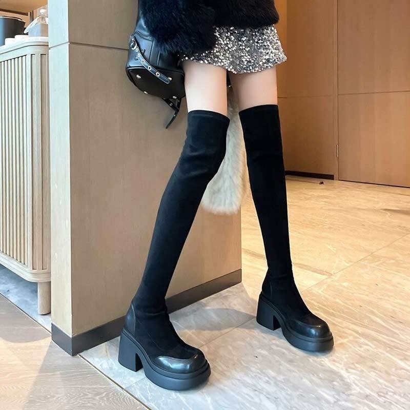 薏尔康过膝长f筒靴女2024秋冬季新款瘦瘦靴厚底百搭时装粗跟弹力