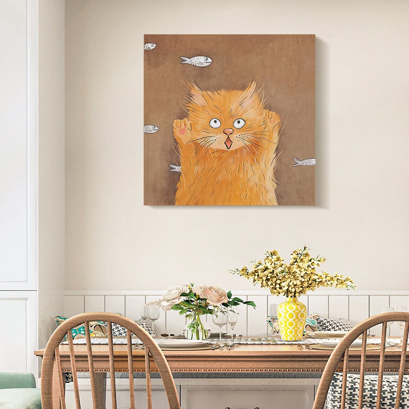 中古风卡通橘猫咪客厅装饰画抽象小鱼手绘油画小众艺术Y儿童房挂图片
