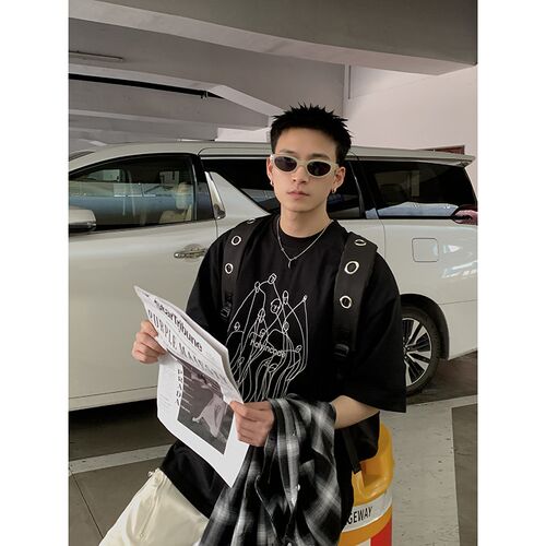 PLTH*夏季新品线稿印花重磅小领口美式复古宽松休闲短袖通勤T恤男