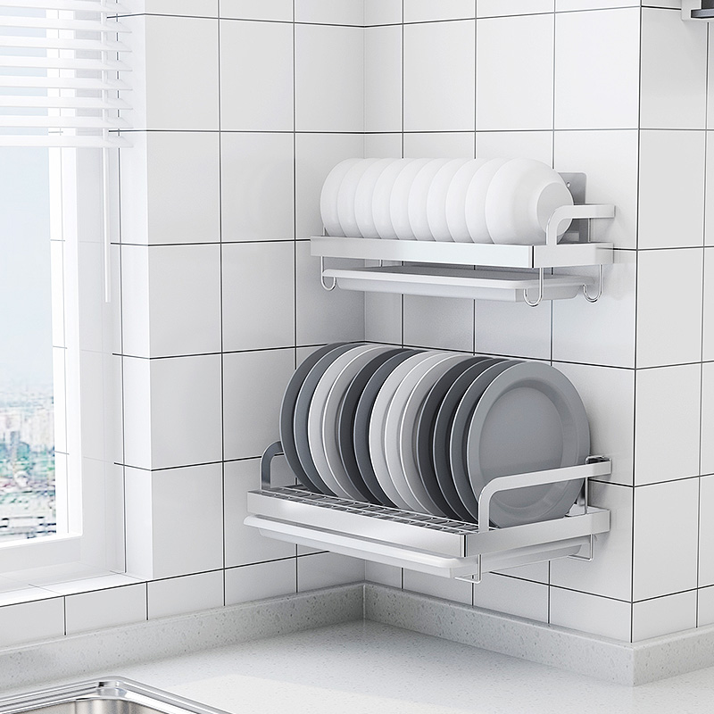 304不锈钢碗架沥水架壁挂式免打孔 单层碗盘架墙上厨房收纳置物架