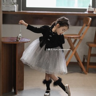 女童闪闪丝绒黑天鹅公主裙加绒连衣裙2025女孩生日网纱裙表演礼服