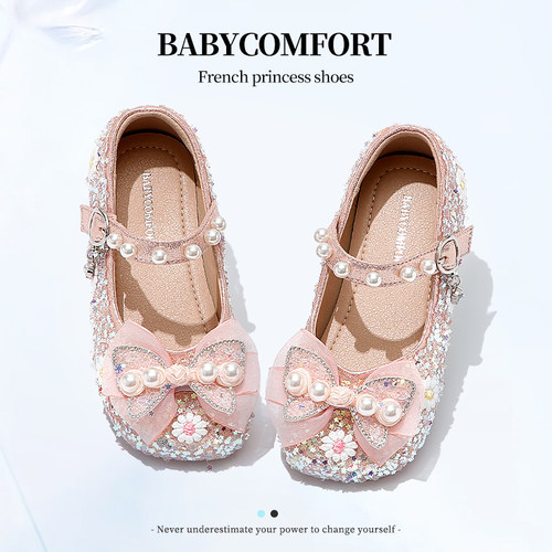 女童鞋子儿童公主小皮鞋2025新款春秋款女孩中国风盘扣软底水晶鞋