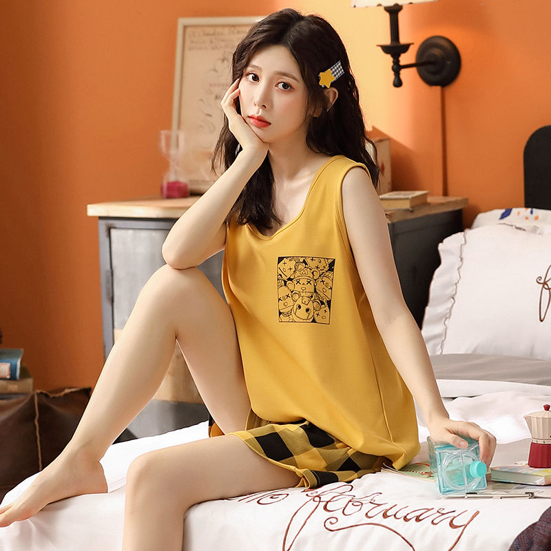 大码背心睡衣女夏纯棉薄款短裤无袖可外穿全棉宽松夏天家居服套装