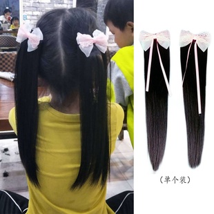 儿童假发女马尾辫子蝴蝶结发夹直发女童发饰隐形透气接长发片