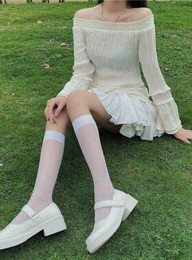 百搭夏季小腿波点白色女高弹JK薄款不勒脚防勾丝袜长筒袜显瘦女袜