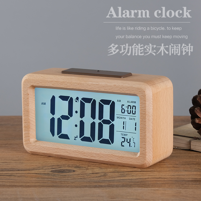 TQJ实木夜灯贪睡闹钟床头座钟学生用静音桌面钟时尚台面时钟台钟