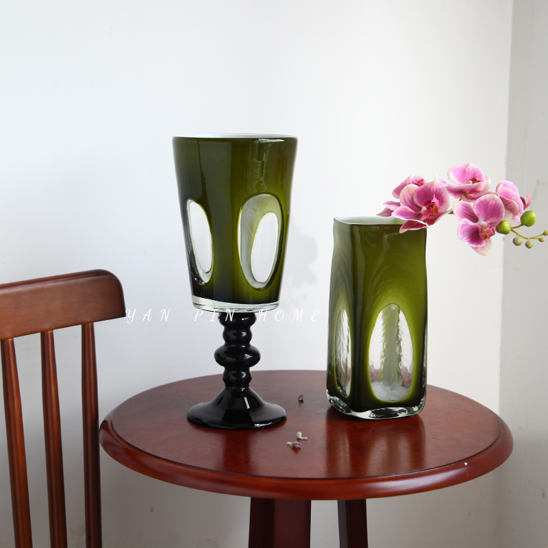 高级感中古花瓶vintge高脚橄榄绿窗口手工艺术花器客厅插花摆件