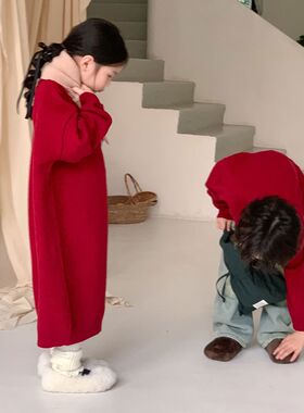 兄妹装秋季儿童红毛衣男童毛线衣女童长款毛衣针织裙姐弟装过年服