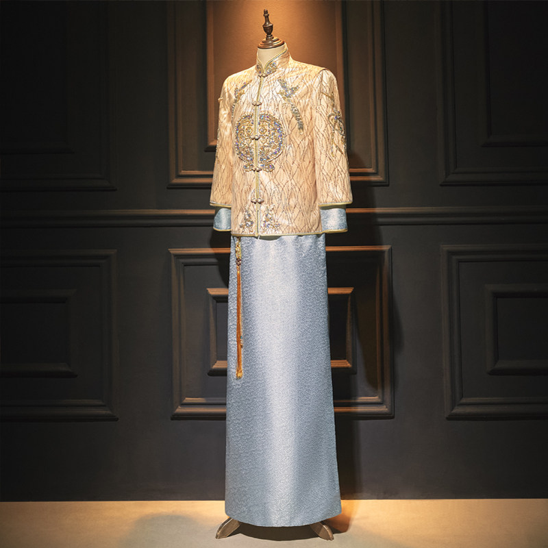 男士结婚秀禾服2023年新款中式结婚礼服新郎大码接亲香槟唐装婚服