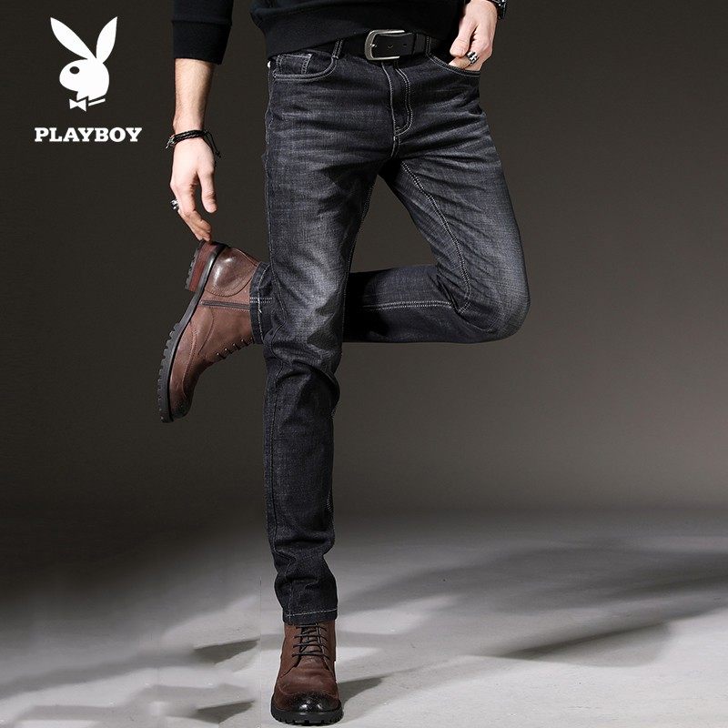 高端黑色牛仔裤男加绒秋冬厚款直筒弹力修身小脚长裤深色男士裤子