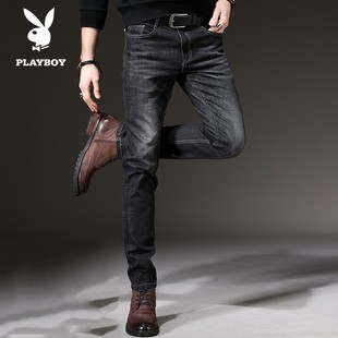 高端黑色牛仔裤男加绒秋冬厚款直筒弹力修身小脚长裤深色男士裤子