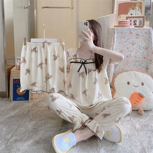 夏季公主风睡衣女纯棉短袖长裤三件套可爱甜美夏天薄款大码家居服