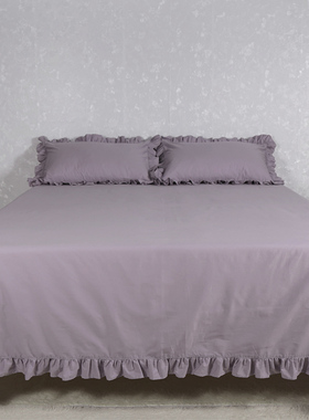 紫色床单单件纯棉高端纯色加大w100全棉带花边荷叶边2米床被单枕