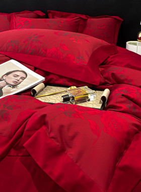 轻奢复古100支j长绒棉婚庆四件组红色被套新婚房纯棉结婚床上用品