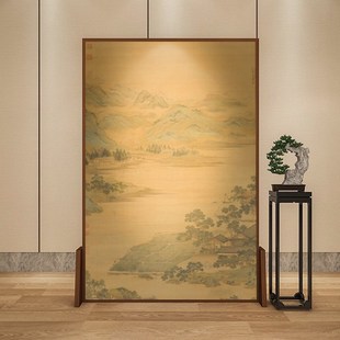 新中式 莲溪渔隐图 实木移动屏风隔断客厅入户遮挡玄关山水画座屏
