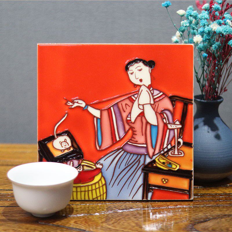 福利文创瓷画瓷片手工杯垫隔热垫客厅茶室墙面挂画桌