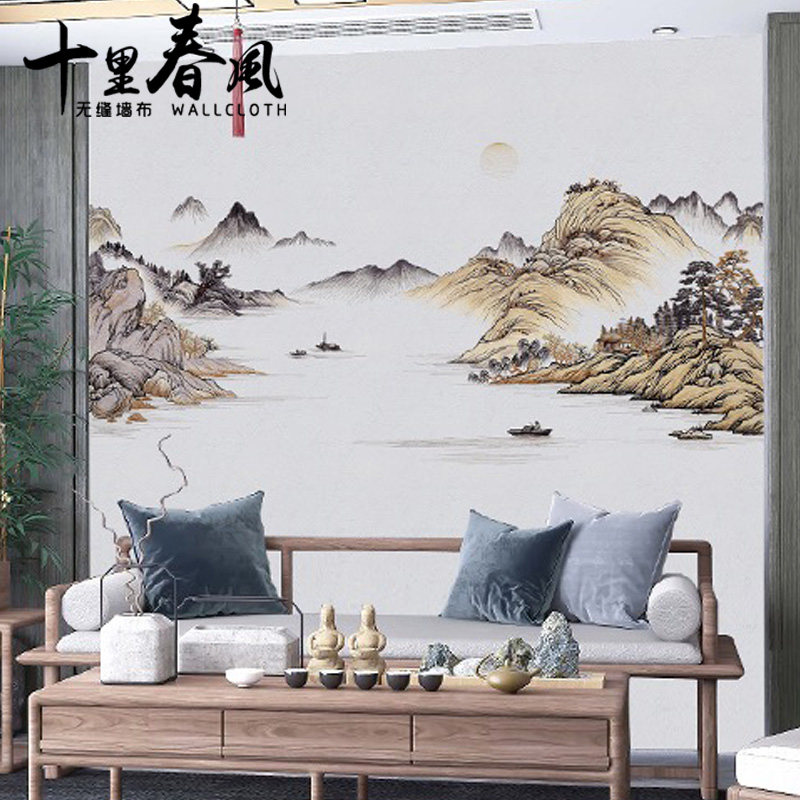 端刺绣无缝墙布客厅沙发书房电视背景墙现代新山水独绣壁布