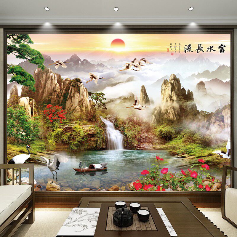 中式山水画纸自粘壁纸客厅背景墙风景画墙壁画画装饰画墙画