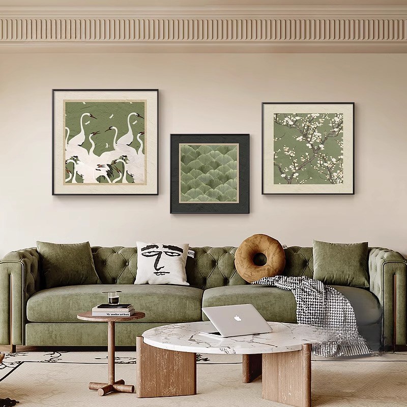 中古侘寂风客厅装饰画复古艺术正方形壁画2024新款沙发背景墙挂画图片
