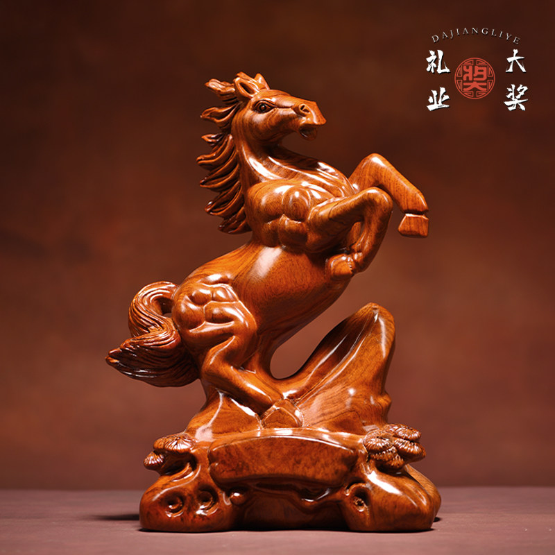 梨木雕马实木雕刻十二生肖马到成功家居装饰业乔迁送礼品