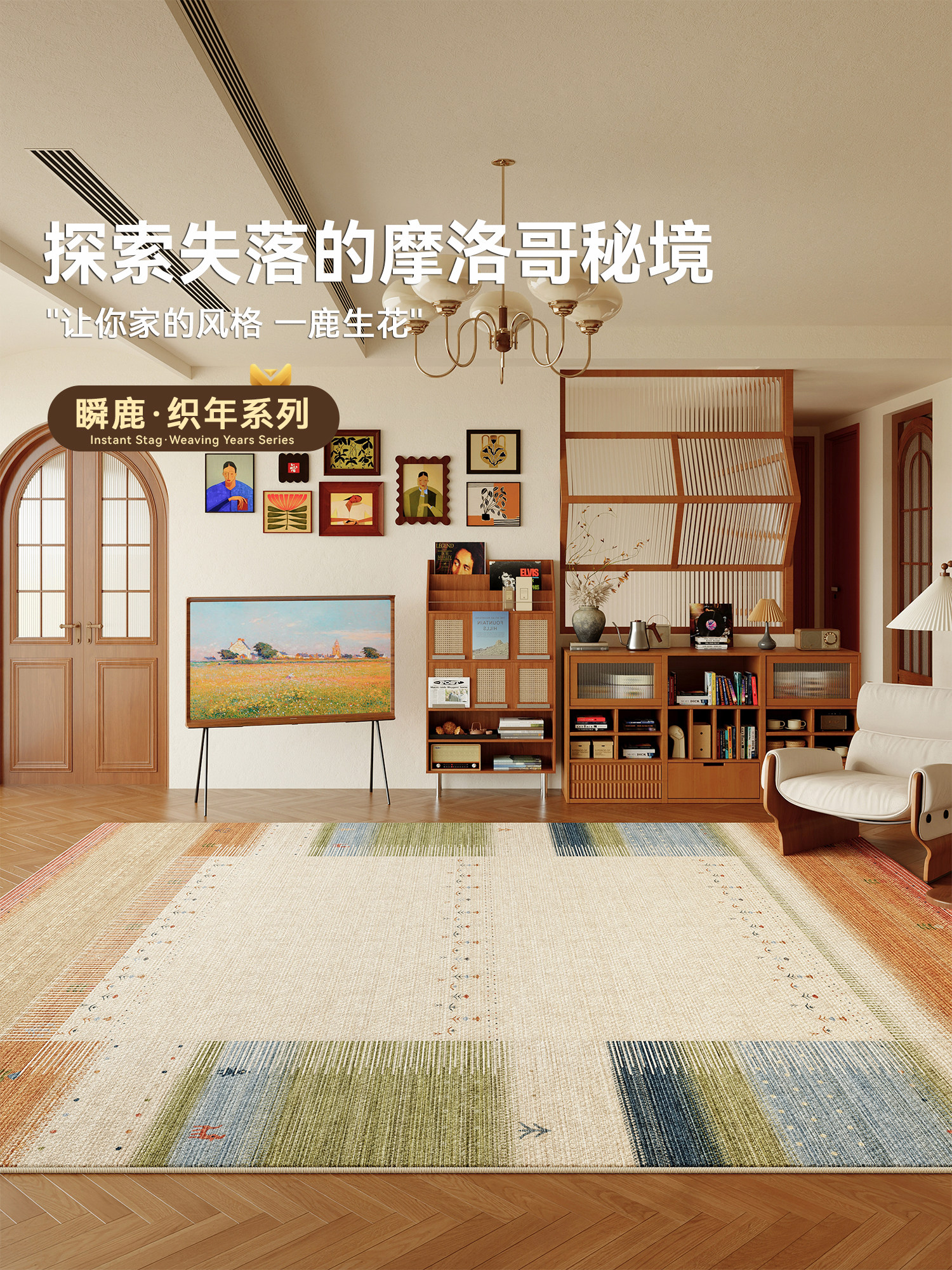 2025新款客厅地毯摩洛哥耐脏防滑地垫民族风免洗可擦毛绒床边毯子