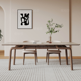 现代简约奶油风岩板餐桌实木长方形E奶白色岩板进口白蜡木桌椅组